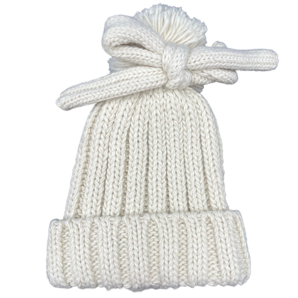 Anthropologie Maeve Chunky Knit Bow Beanie Ivory Pom Pom Ribbed Winter Hat